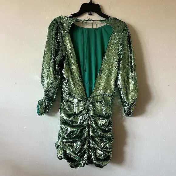 For Love and Lemons Marais Green Sequin Mini Dress with Open Back size S J3 - Picture 7 of 9